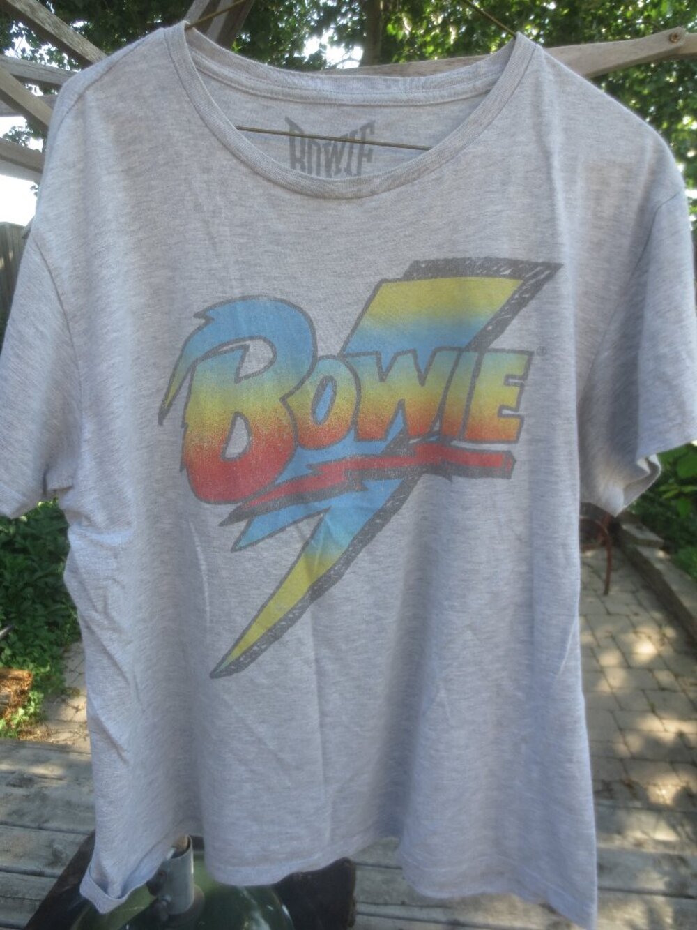 Deliberately Distressed David Bowie Gray T-Shirt - Size Medium.